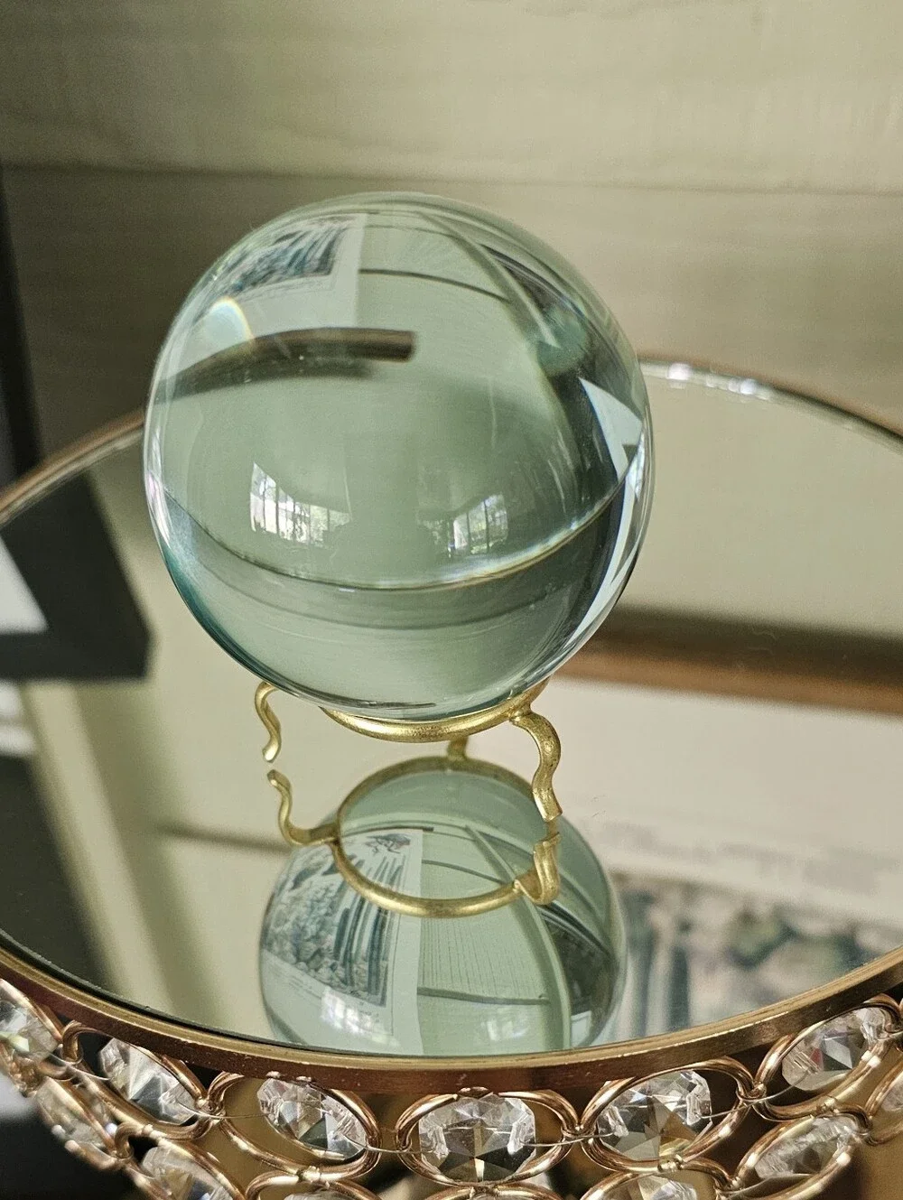 Subtle Smoky Green Scrying (80mm) Crystal Ball w/Gold Stand
